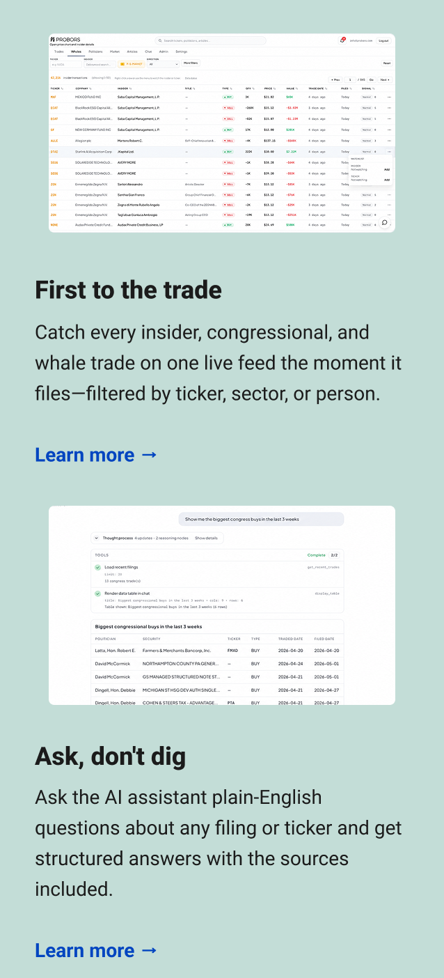 First to the trade Catch every insider, congressional, and whale trade on one live feed the moment it files—filtered by ticker, sector, or person. Learn more → Ask, don't dig Ask the AI assistant plain-English questions about any filing or ticker and get structured answers with the sources included. Learn more →