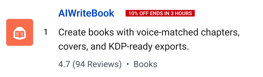 AIWriteBook (10% off ends in 3 hours): Create books with voice-matched chapters, covers, and KDP-ready exports.