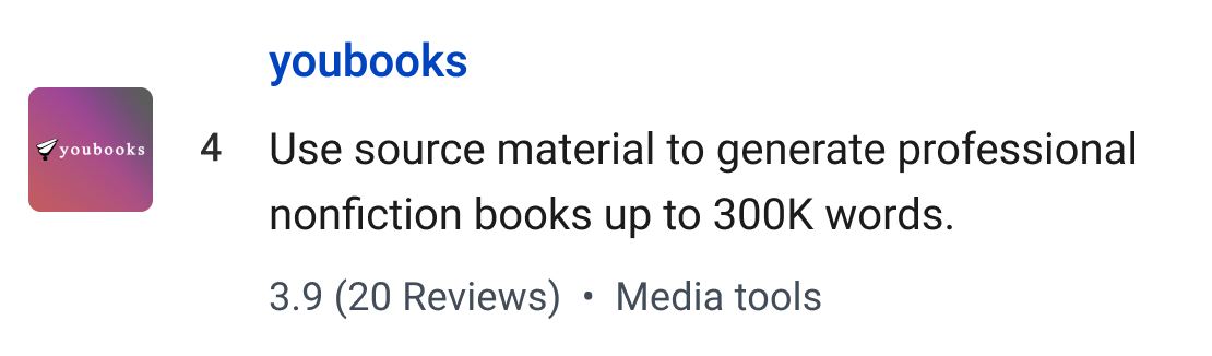 youbooks: Use your source material to generate professional nonfiction books up to 300,000 words.
