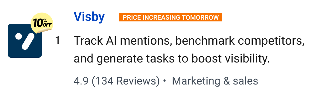 Visby: Track AI mentions, benchmark competitors, and generate tasks to boost visibility.