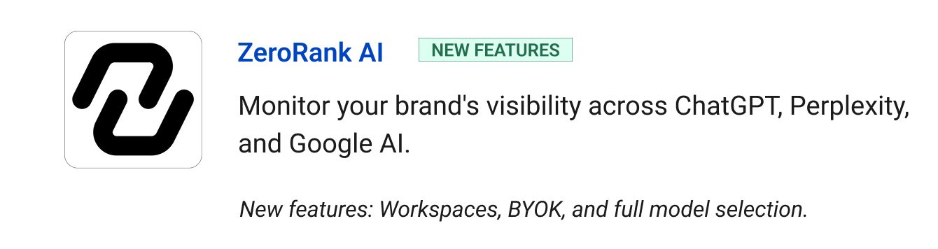 ZeroRank AI (New Features) - Monitor your brand's visibility across ChatGPT, Perplexity, and Google AI. New features: Workspaces, BYOK, and full model selection. 