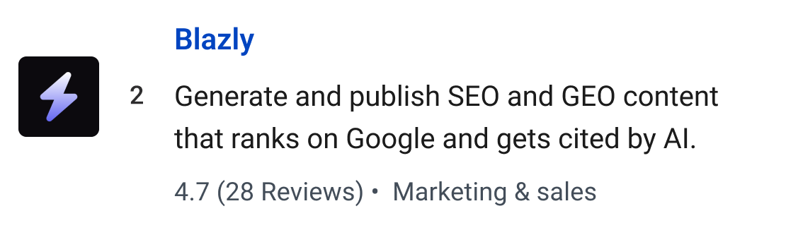 Blazly: Generate and publish SEO and GEO content that ranks on Google and gets cited by AI.