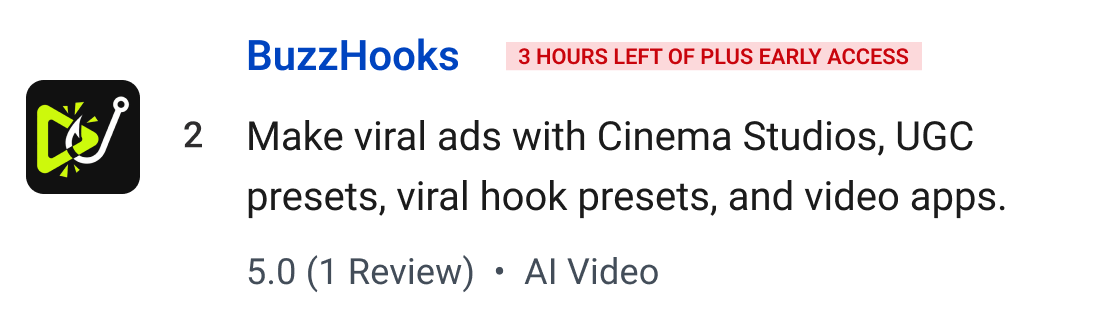 BuzzHooks (3 Hours left of Plus Early Access): Make viral ads with Cinema Studios, UGC presets, viral hook presets, and video apps.