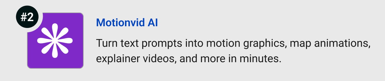 Motionvid AI - Turn text prompts into motion graphics, map animations, explainer videos, and more in minutes.