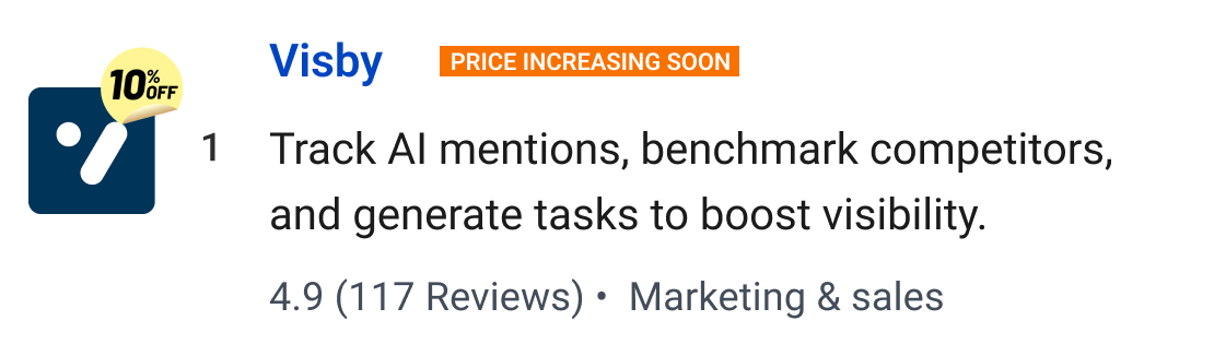 Visby: Track AI mentions, benchmark competitors, and generate tasks to boost visibility.