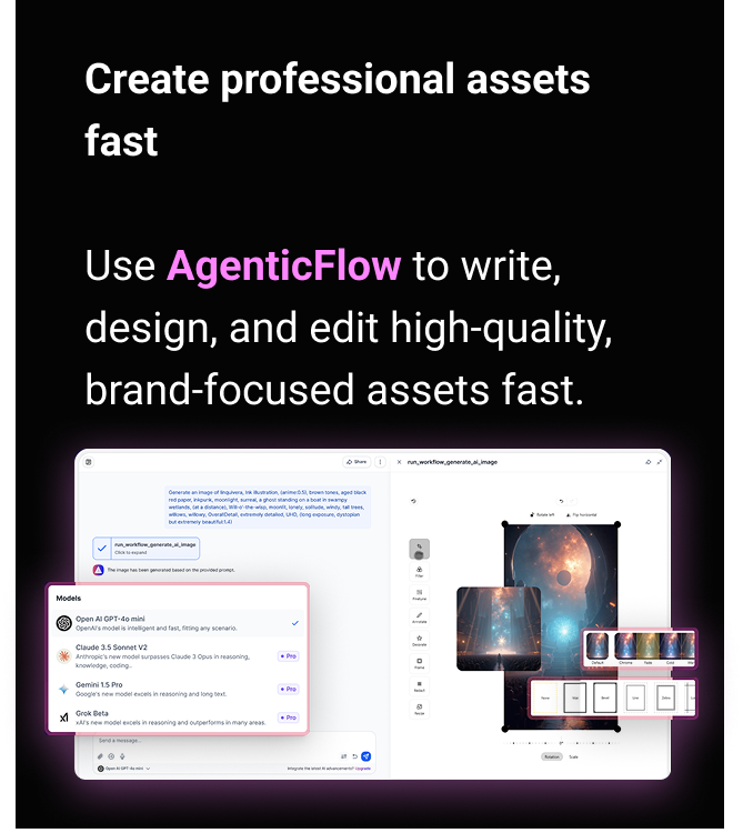 Use AgenticFlow to write, design, and edit high-quality, brand-focused assets fast. 