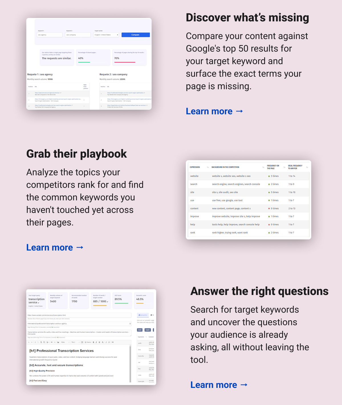 Discover what’s missing Compare your content against Google's top 50 results for your target keyword and surface the exact terms your page is missing.  Learn more → Grab their playbook  Analyze the topics your competitors rank for and find the common keywords you haven't touched yet across their pages.  Learn more → Answer the right questions Search for target keywords and uncover the questions your audience is already asking, all without leaving the tool. Learn more →