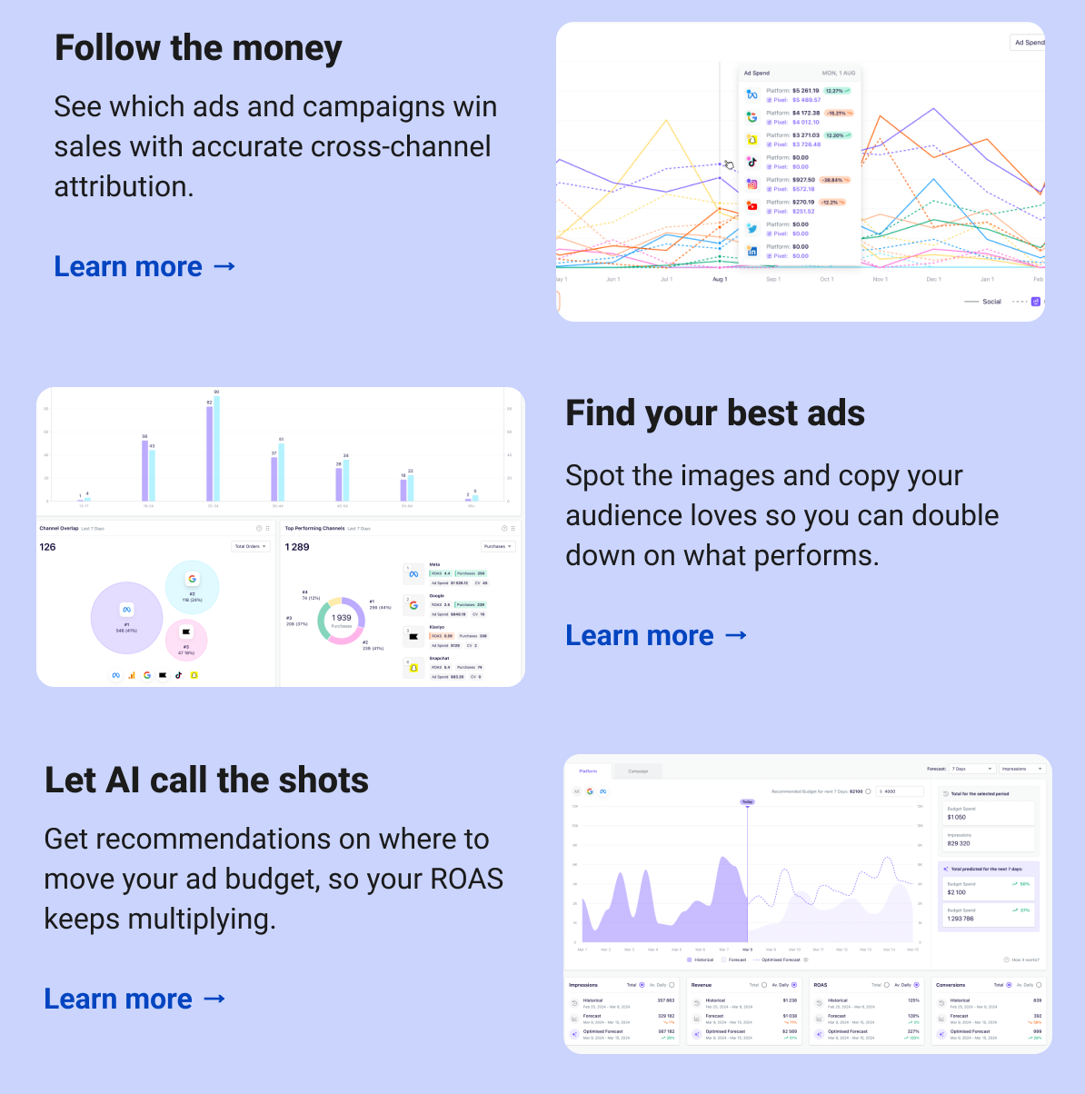 Follow the money See which ads and campaigns win sales with accurate cross-channel attribution. Learn more → Find your best ads Spot the images and copy your audience loves so you can double down on what performs. Learn more → Let AI call the shots Get recommendations on where to move your ad budget, so your ROAS keeps multiplying.  Learn more →