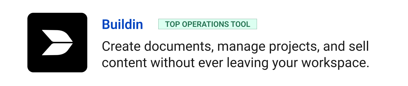 Top operations tool: Buildin - Create documents, manage projects, and sell premium content without ever leaving your workspace.