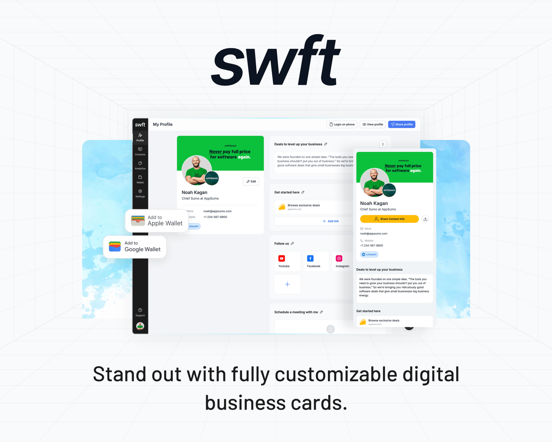 Leaving soon: Swft Connect. Gone in less than 4 days. Stand out with fully customizable digital business cards.