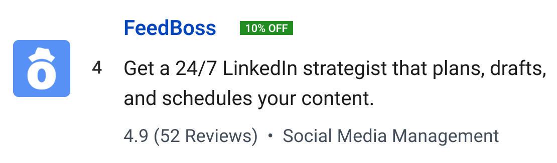 FeedBoss (10% off): Get a 24/7 LinkedIn strategist that plans, drafts, and schedules your content.