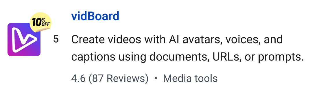 vidBoard: Create videos with AI avatars, voices, and captions using documents, URLs, or prompts.