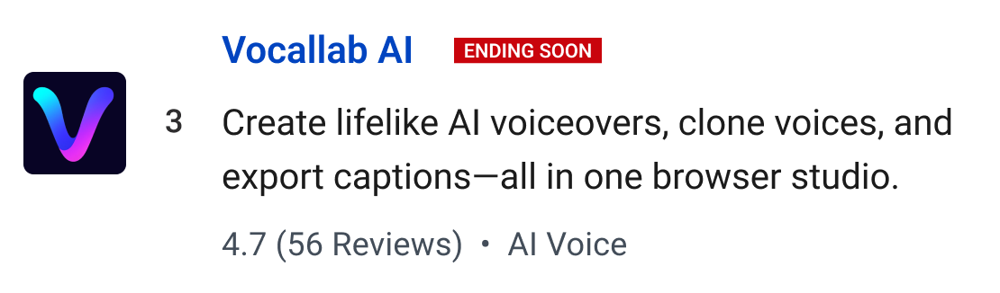 Vocallab AI (Ending soon): Create lifelike AI voiceovers, clone voices, and export captions—all in one browser studio.