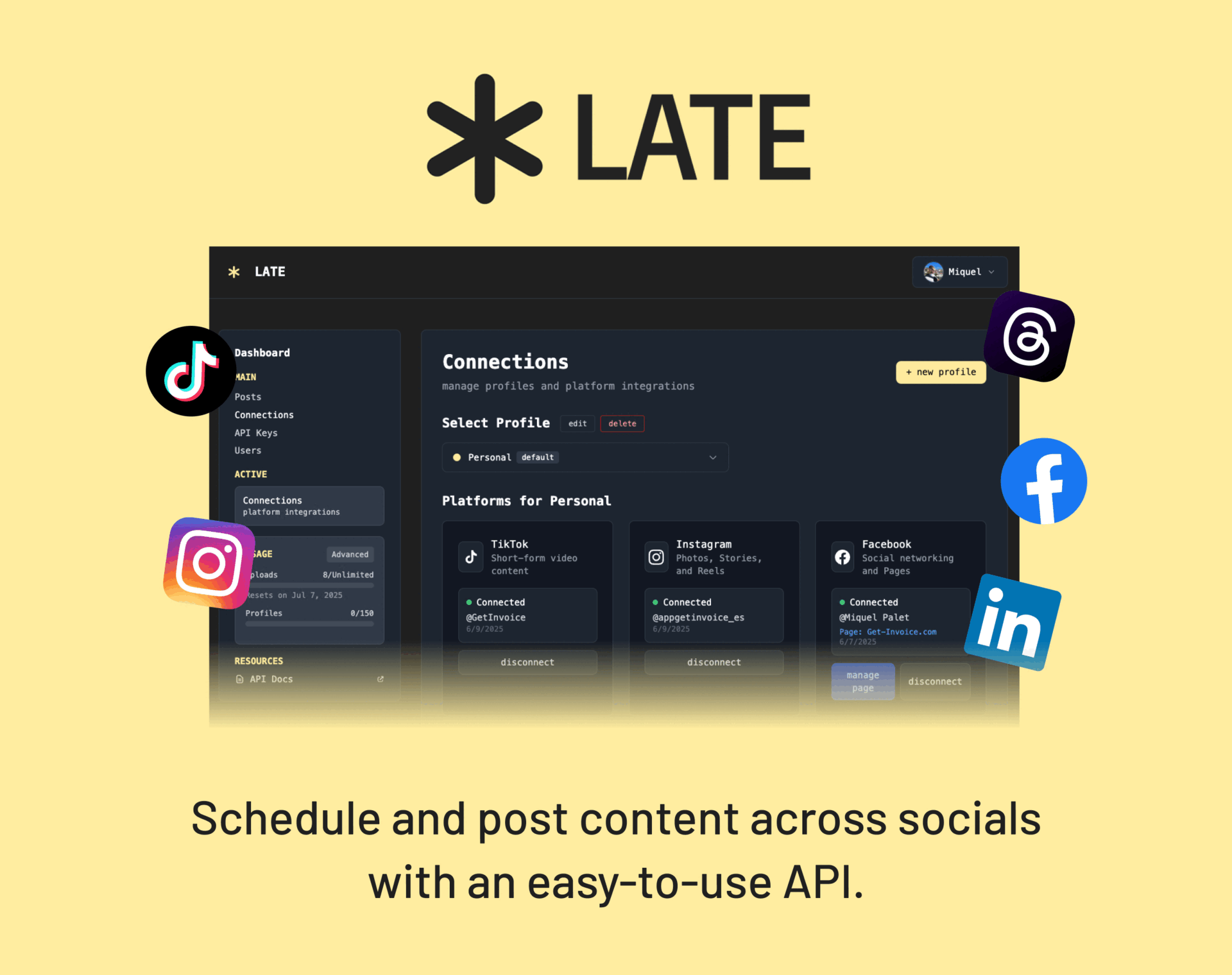 Late - Leaving soon: Gone in les than 4 days. Schedule and post content across socials with an easy-to-use API.