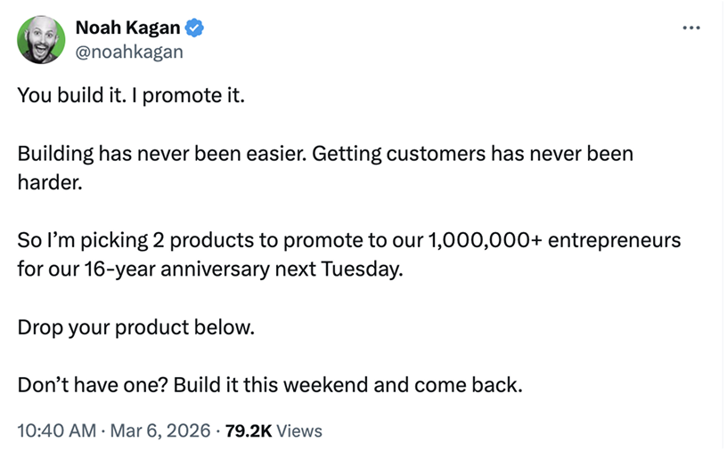 X post from Noah Kagan: "You build it. I promote it. Building has never been easier. Getting customers has never been harder. So I'm picking 2 products to promots to our 1,000,000+ entrepreneurs for our 16-year anniversary Next Tuesday. Drop your product below. Don't have one? Build it this weekend and come back." 