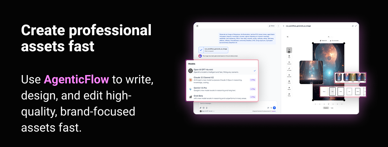 Use AgenticFlow to write, design, and edit high-quality, brand-focused assets fast. 