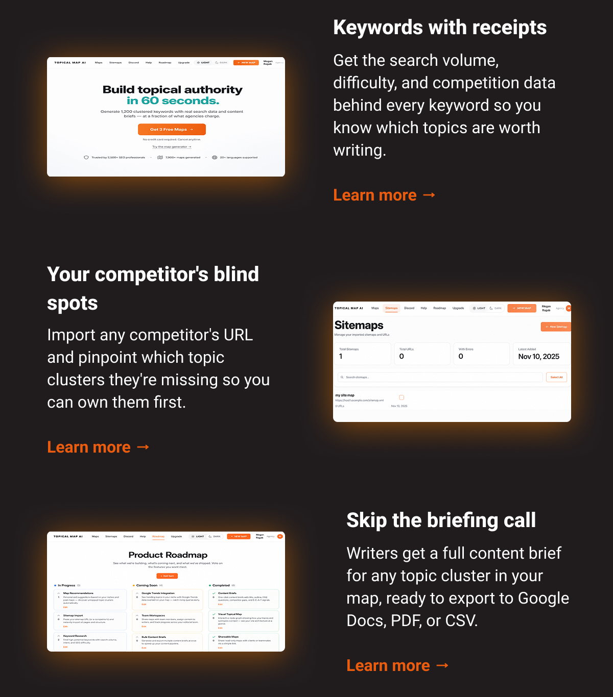 Keywords with receipts  Get the search volume, difficulty, and competition data behind every keyword so you know which topics are worth writing.  Learn more → Your competitor's blind spots Import any competitor's URL and pinpoint which topic clusters they're missing so you can own them first.  Learn more → Skip the briefing call  Writers get a full content brief for any topic cluster in your map, ready to export to Google Docs, PDF, or CSV.  Learn more →
