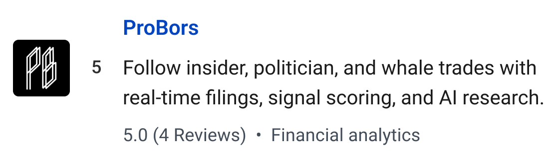 ProBors: Follow insider, politician, and whale trades with real-time filings, signal scoring, and AI research.