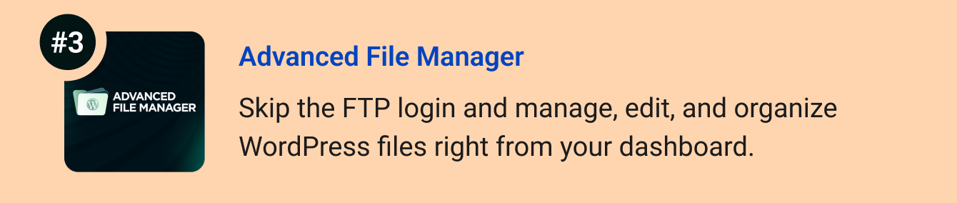 Advanced File Manager - Skip the FTP login and manage, edit, and organize WordPress files directly from your dashboard.