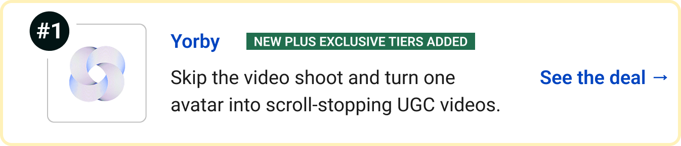 Yorby (New Plus Exclusive Tiers Added) - Skip the video shoot and turn one avatar into scroll-stopping UGC videos. See the deal →