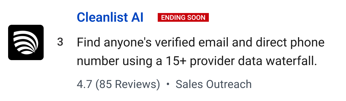 Cleanlist AI (Ending soon): Find anyone's verified email and direct phone number using a 15+ provider data waterfall.