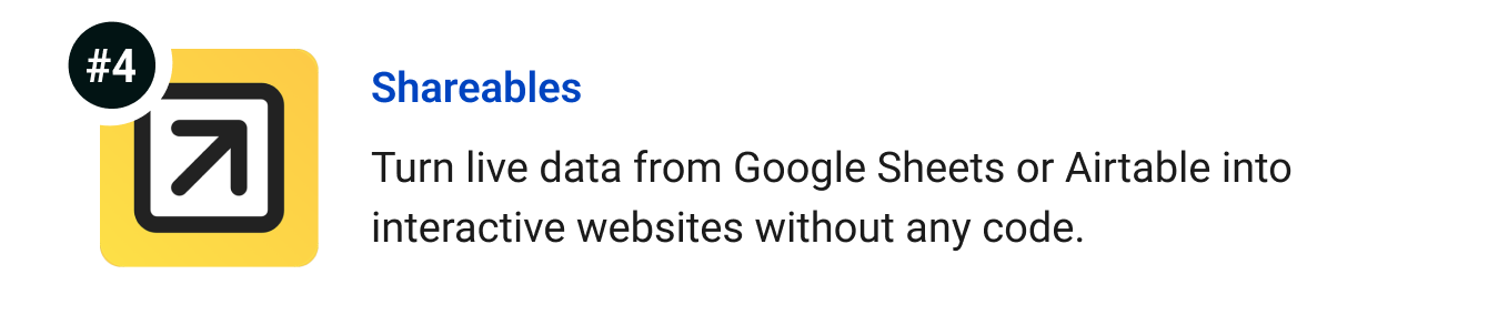 Shareables - Turn live data from Google Sheets or Airtable into interactive websites without any code.