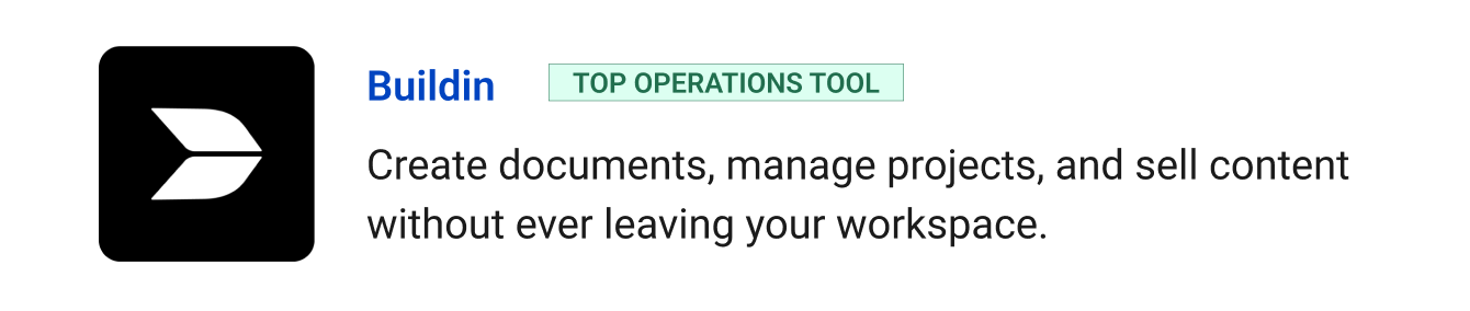 Top operations tool: Buildin - Create documents, manage projects, and sell premium content without ever leaving your workspace.