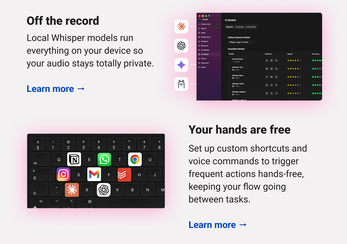 Off the record Local Whisper models run everything on your device so your audio stays totally private.  Learn more → Your hands are free  Set up custom shortcuts and voice commands to trigger frequent actions hands-free, keeping your flow going between tasks.  Learn more →