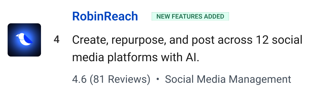 RobinReach (New Features Added): Create, repurpose, and post across 12 social media platforms with AI.
