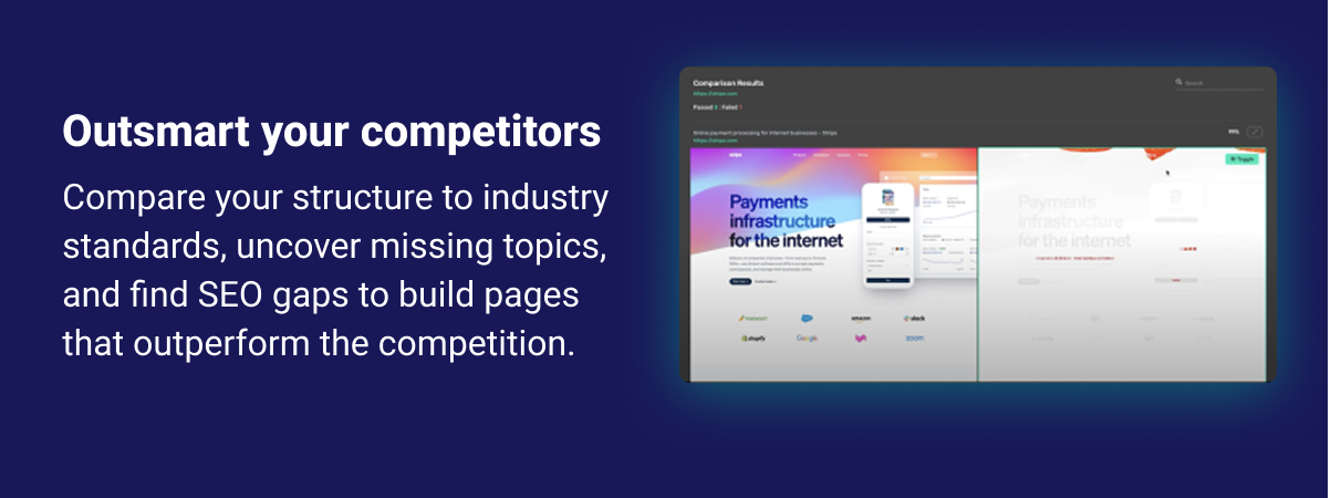 Outsmart your competitors Compare your structure to industry standards, uncover missing topics, and find SEO gaps to build pages that outperform the competition.