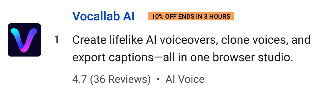 Vocallab AI (10% off ends in 3 hours): Create lifelike AI voiceovers, clone voices, and export captions—all in one browser studio.