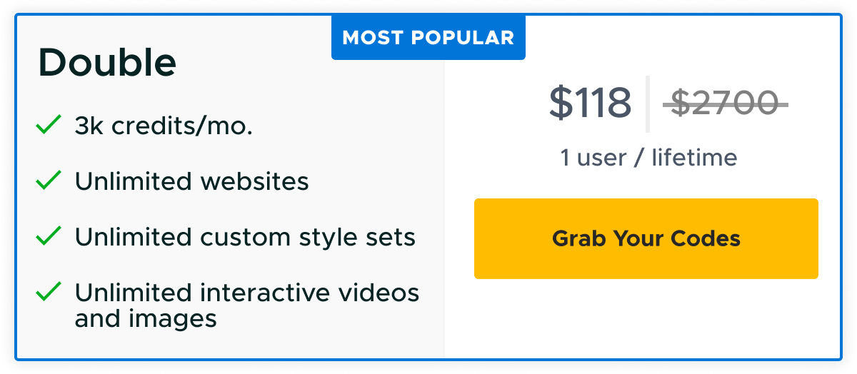 Grab two codes for $118. Two codes include 1 user, 3k credits per month, unlimited websites, unlimited custom style sets, and unlimited interactive videos and images.