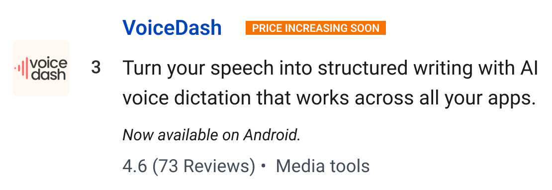 VoiceDash: Turn your speech into structured writing with AI voice dictation that works across all your apps. Now available on Android.