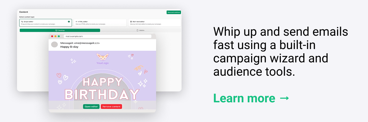 Create emails in minutes Build newsletters with the campaigns wizard or plug into your stack via SMTP or REST API without the complicated setup. Learn more →   Lock down your sending domain Verify DKIM, SPF, MX, and DMARC records, customize your sender address, and confirm DNS status with real-time checks so your reputation stays spotless. Learn more →   Understand what works Review your full send history, manage hard bounces, and set up webhooks to automatically monitor deliveries, opens, and clicks. Learn more →