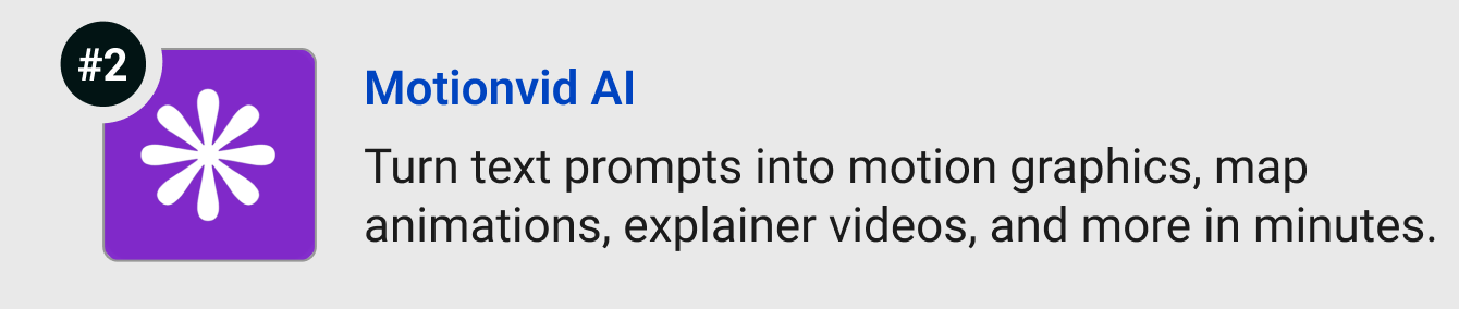 Motionvid AI - Turn text prompts into motion graphics, map animations, explainer videos, and more in minutes.