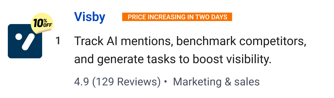 Visby: Track AI mentions, benchmark competitors, and generate tasks to boost visibility.