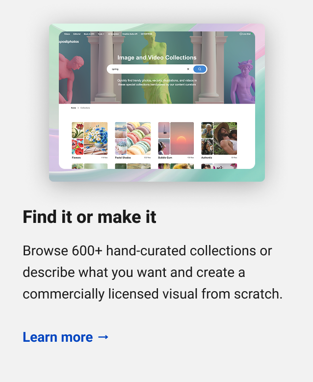 Find it or make it Browse 600+ hand-curated collections or describe what you want and create a commercially licensed visual from scratch. Learn more →