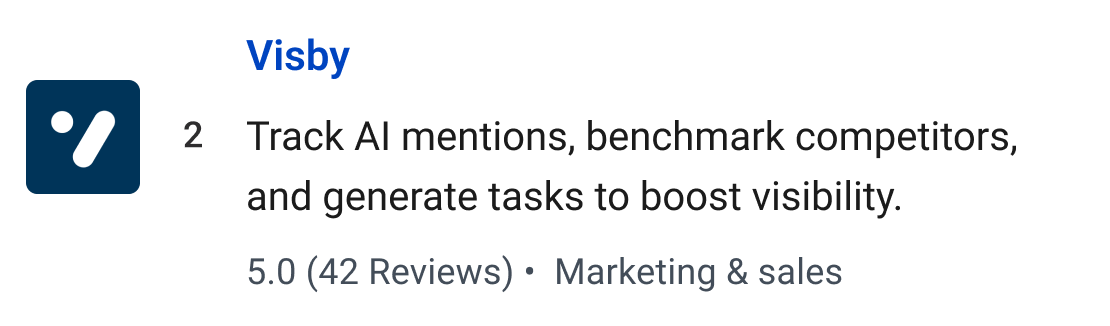 Visby: Track AI mentions, benchmark competitors, and generate tasks to boost visibility.