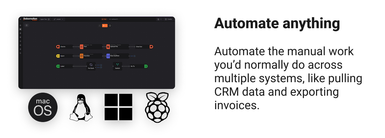 Automate anything Automate the manual work you’d normally do across multiple systems, like pulling CRM data and exporting invoices.