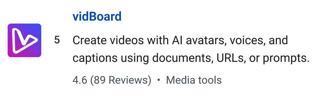 vidBoard: Create videos with AI avatars, voices, and captions using documents, URLs, or prompts.