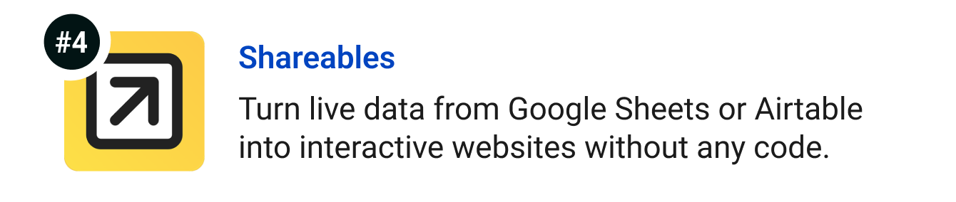 Shareables - Turn live data from Google Sheets or Airtable into interactive websites without any code.