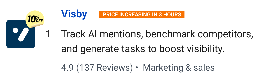 Visby: Track AI mentions, benchmark competitors, and generate tasks to boost visibility.