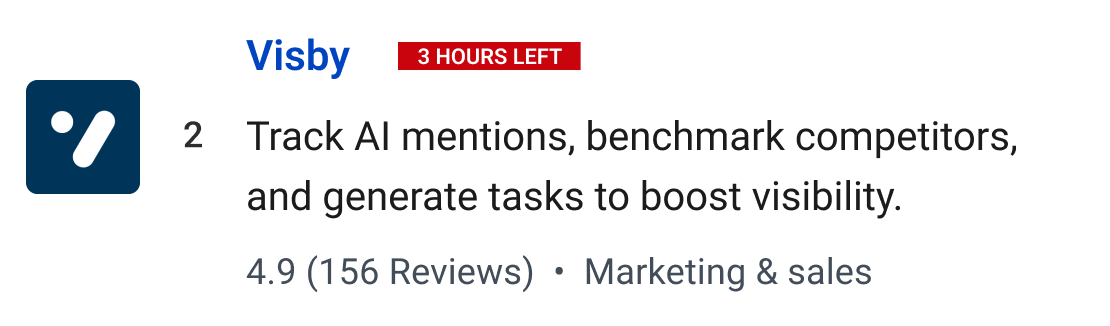 Visby: Track AI mentions, benchmark competitors, and generate tasks to boost visibility.