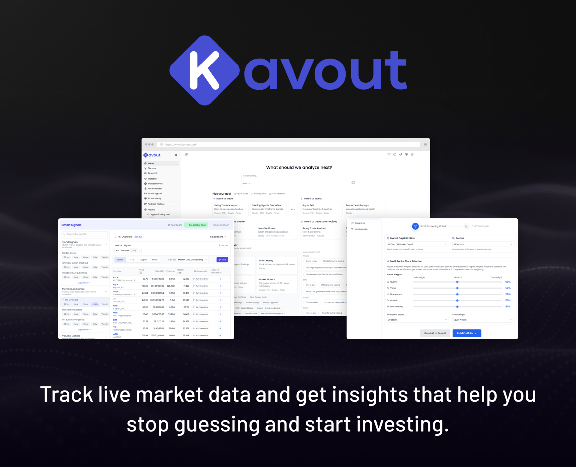 Leaving soon: Kavout. Gone in less than 3 days. Track live market data and get insigths that help you stop guessing and start investing.. 