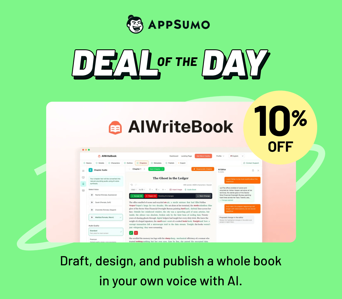 Deal of the day: AIWriteBook. Draft, design, and publish a whole book in your own voice with AI.