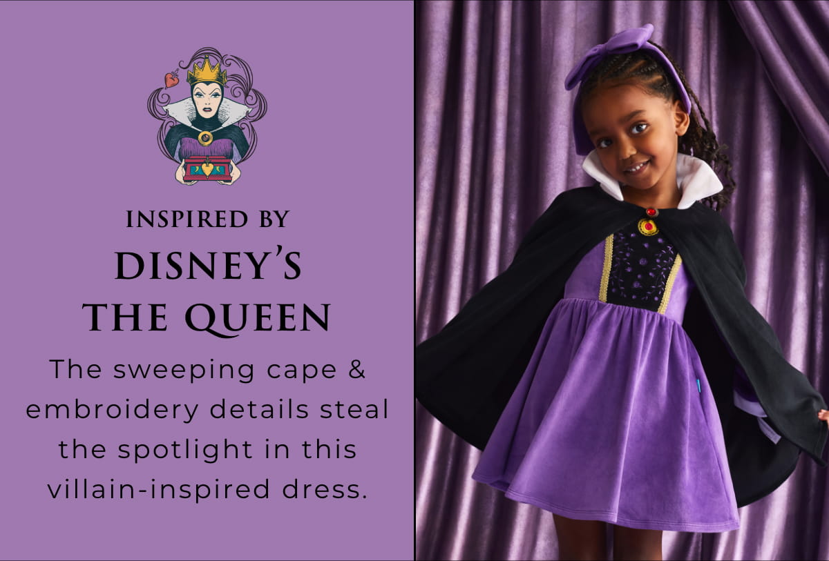 Inspired by Disney's The Queen: The sweeping cape & embroidery details steal the spotlight in this villain inspired dress.