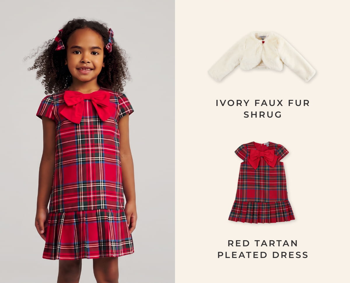 Ivory Faux Fur Shrug + Red Tartan Pleated Dress
