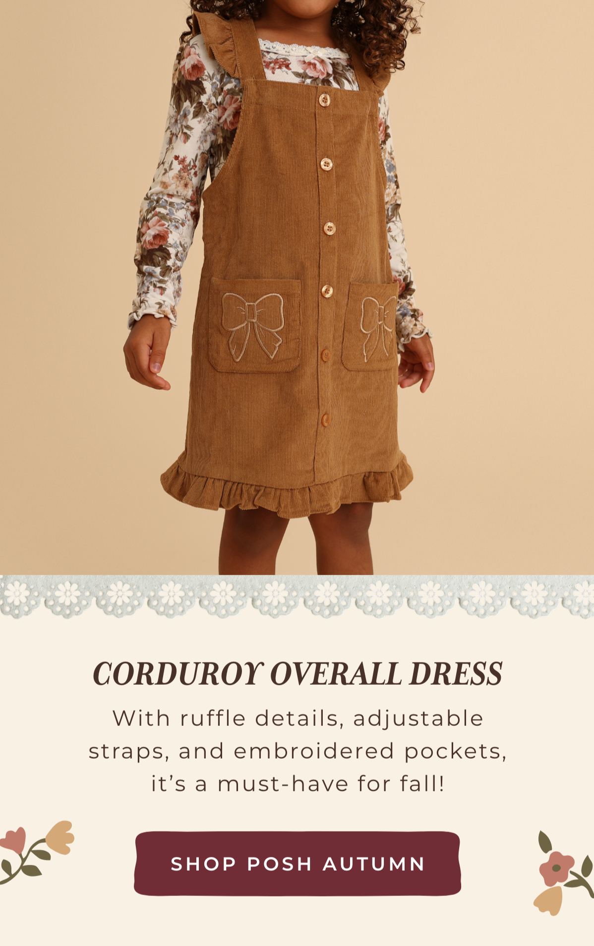 Corduroy Overall Dress: With ruffle details, adjustable straps, and embroidered pockets, it's a must-have for fall! [SHOP AUTUMN POSH]