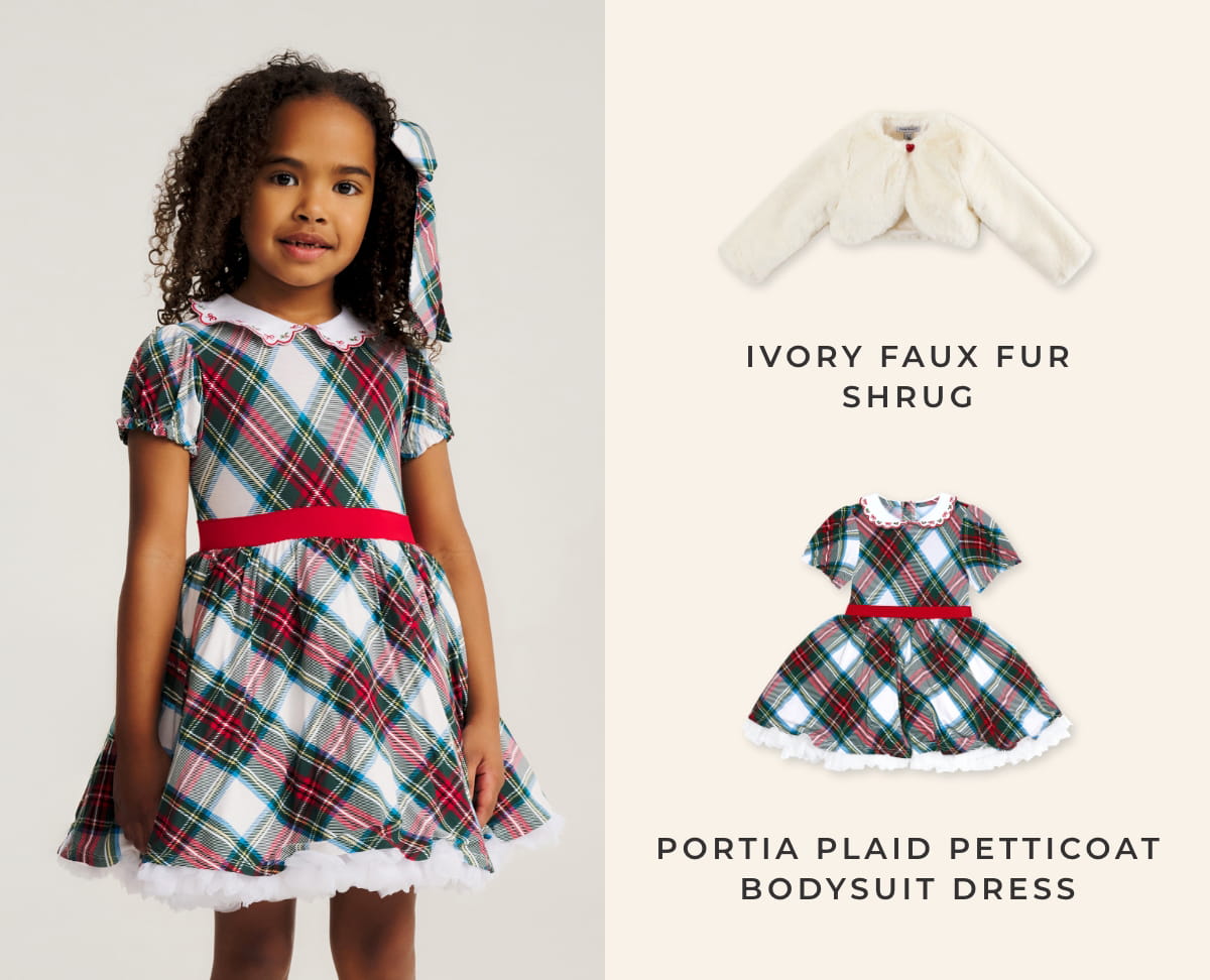 Ivory Faux Fur Shrug + Portia Plaid Petticoat Bodysuit Dress