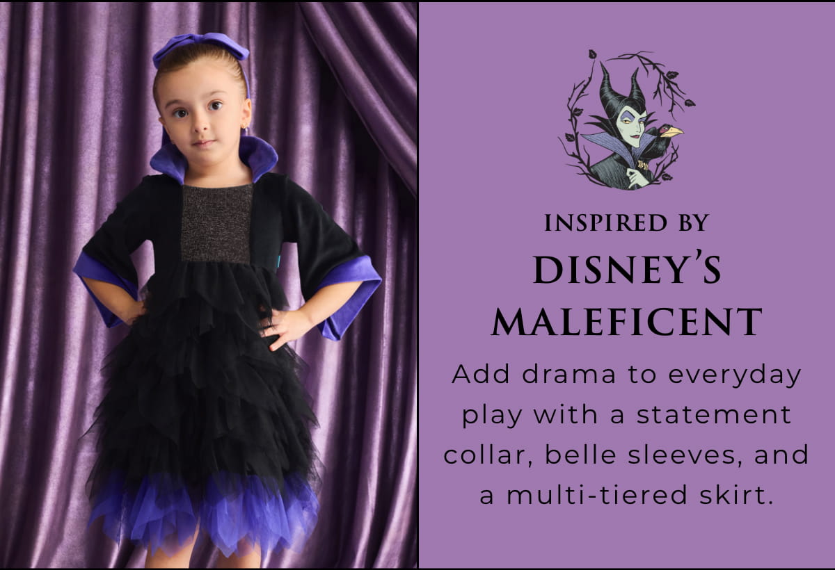 Inspired by Disney's Maleficent: Add drama to everyday play with a statement collar, belle sleeves, and a multi tiered skirt.